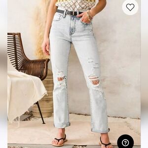 Willow & Root The Rise Up Stretch High Rise Straight Jeans Distressed Hyacinth